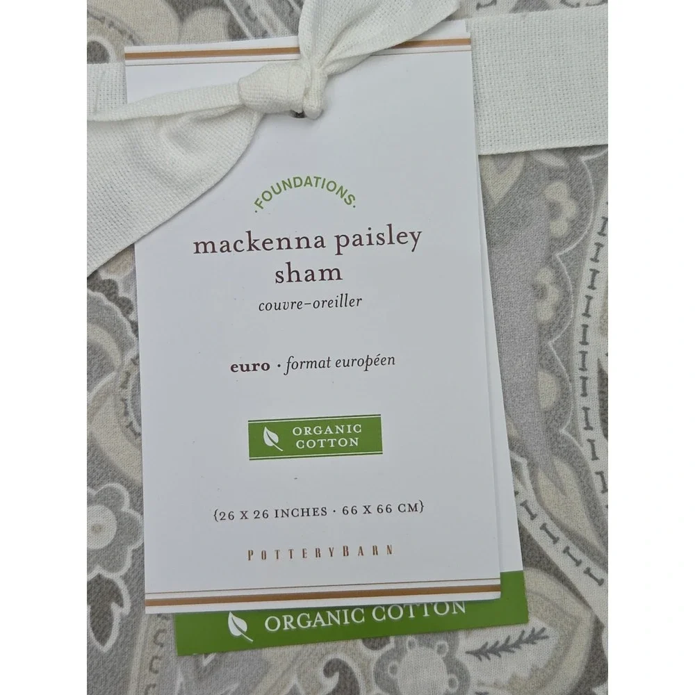NEW Pottery Barn McKenna Paisley EURO Pillow Sham 100% Cotton Taupe 26x26